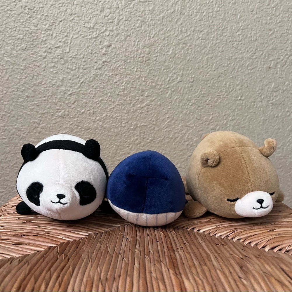 Plush Small Cute Set - White Panda, Blue Whale, Tan Bear